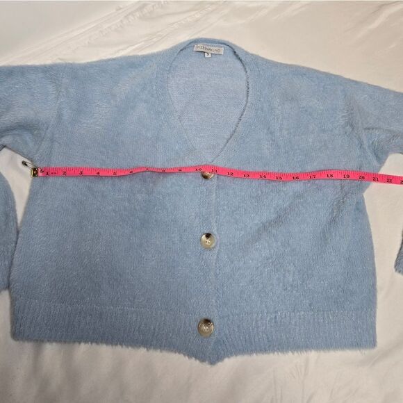 MISS‎ SPARKLING baby blue fuzzy cropped boxy retro button up cardigan sweater S - Picture 7 of 8